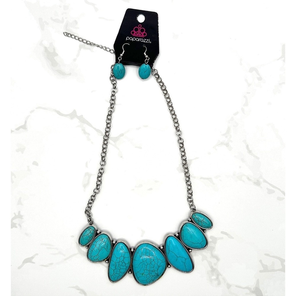 VTG Paparazzi Primitive Turquoise Stone Statement‎ Bib Necklace Earring Set Y2K